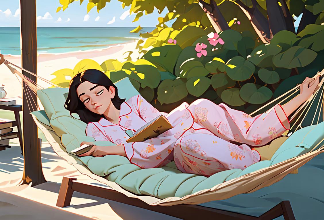 A cozy, relaxed scene with a person wearing pajamas, lying on a hammock, surrounded by pillows and a book, with a view of a calm beach..
