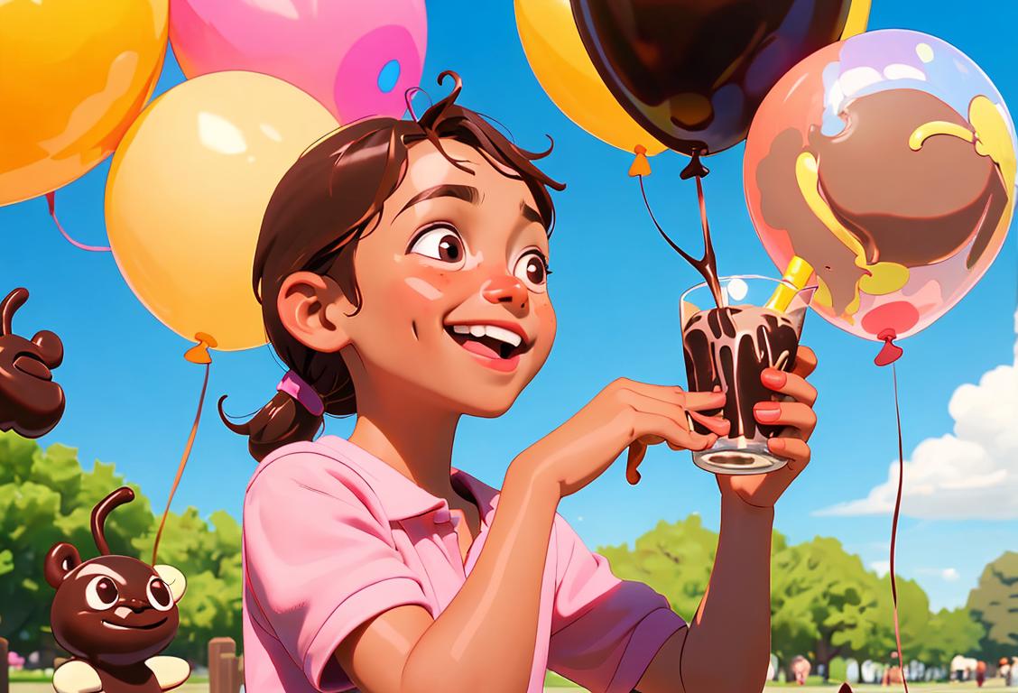 A joyful child with a wide smile, holding a glass of chocolate milk, surrounded by colorful balloons in a sunny park..