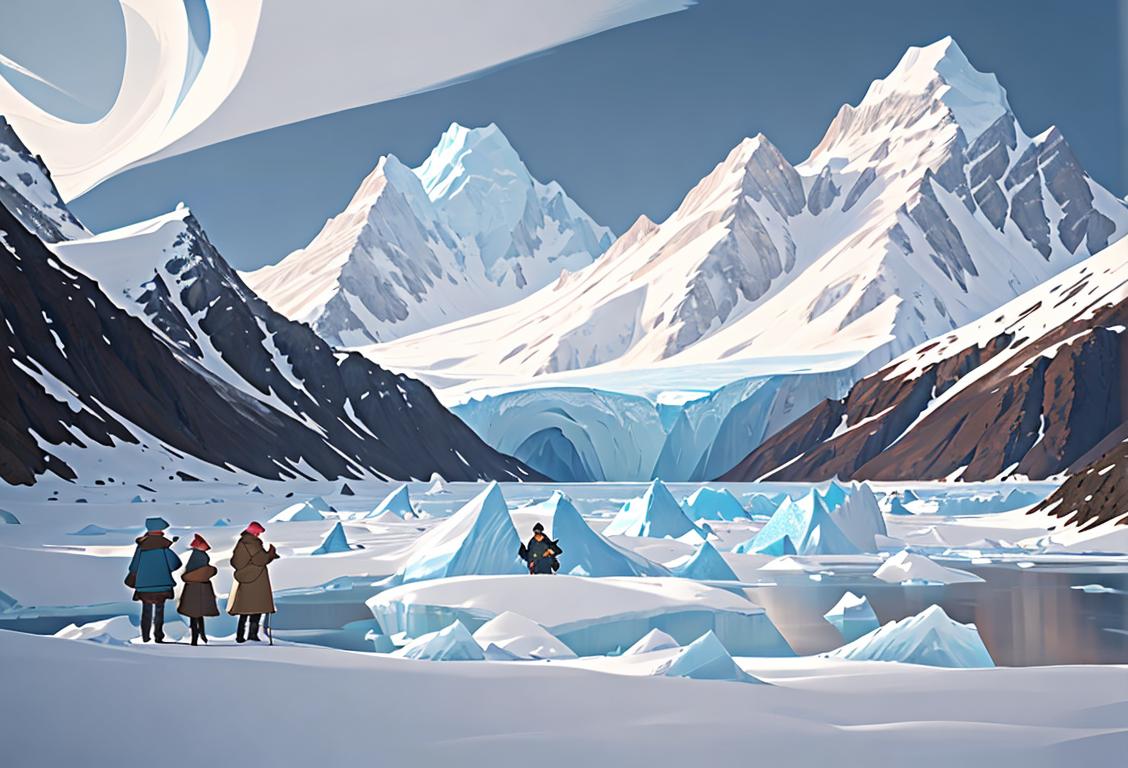 Group of adventurers bundled up in warm coats and hats, exploring a snow-covered Alaskan landscape with majestic mountains and icy blue glaciers in the background..