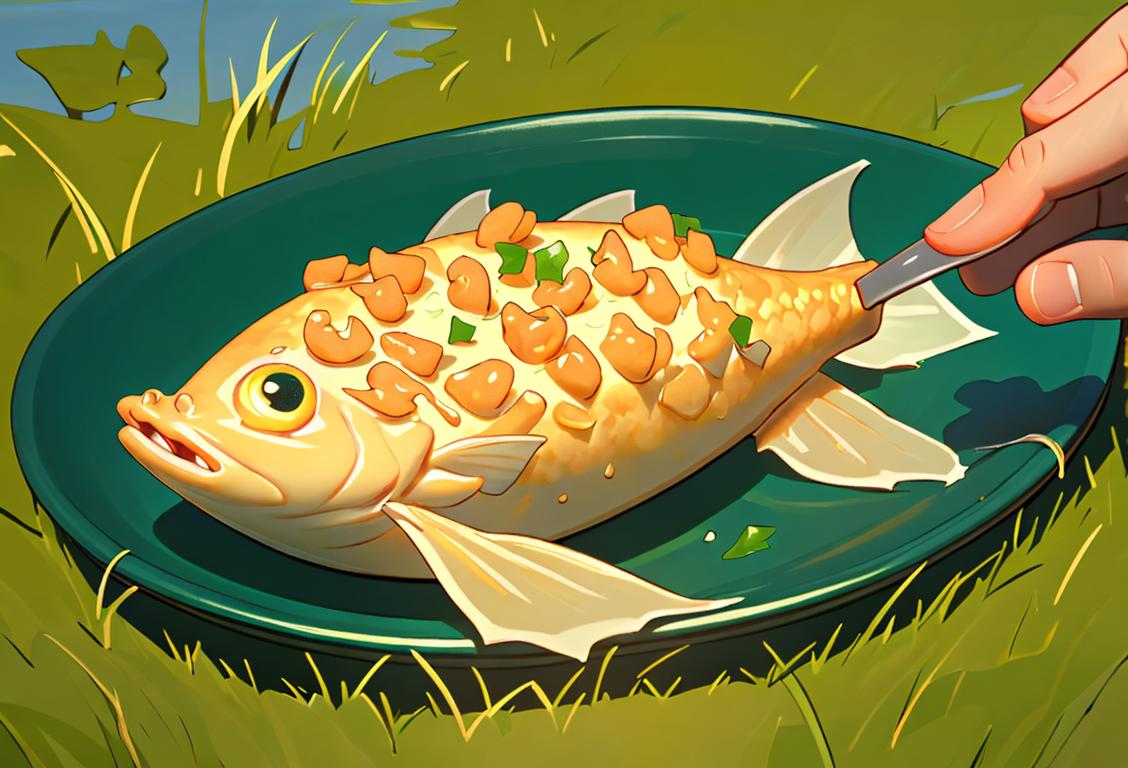 A hand holding a golden fried fish fillet, with a dollop of tangy tartar sauce, surrounded by a picnic scene with sunny skies and green grass..
