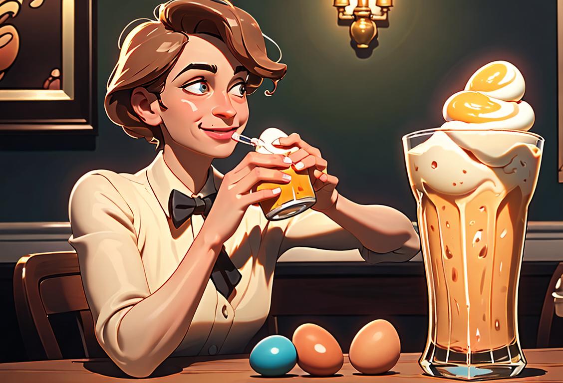 A person joyfully sipping an egg cream, dressed in retro attire, vibrant soda fountain setting..