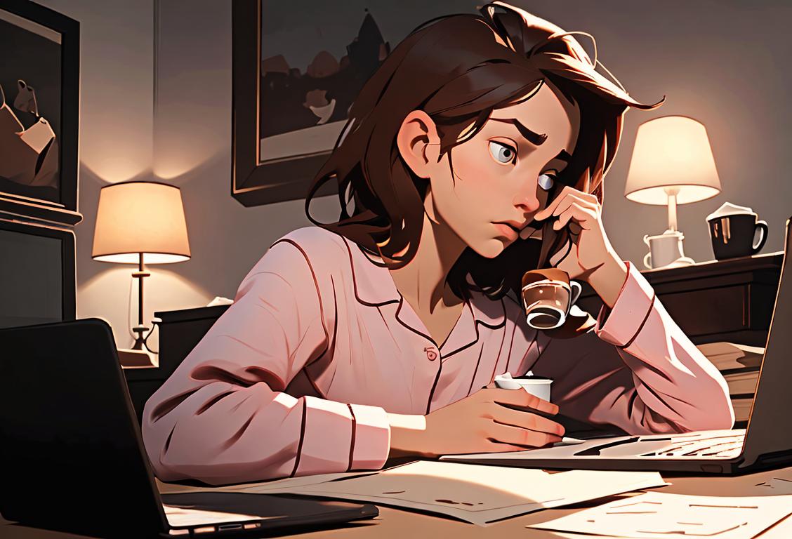 Young adult surrounded by coffee cups, wearing pajamas, messy hair, typing on laptop in dimly lit room..