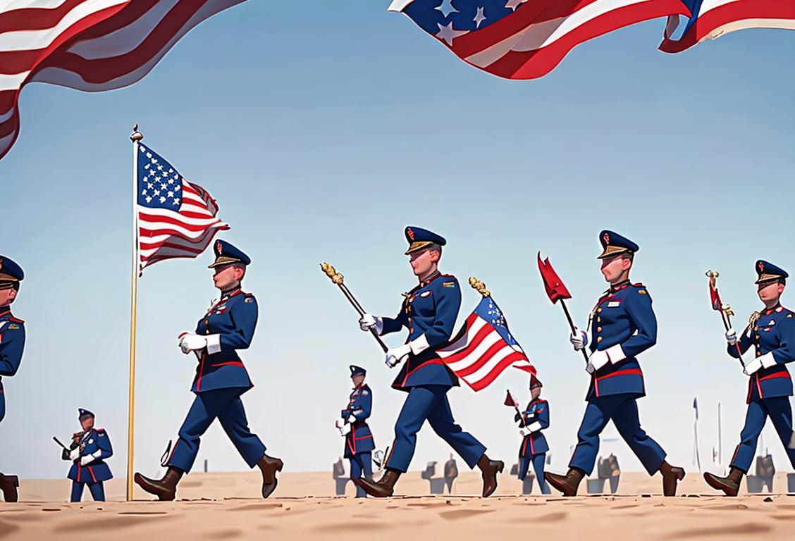 A group of patriotic individuals in military uniforms marching in formation, with American flags waving proudly in the background..