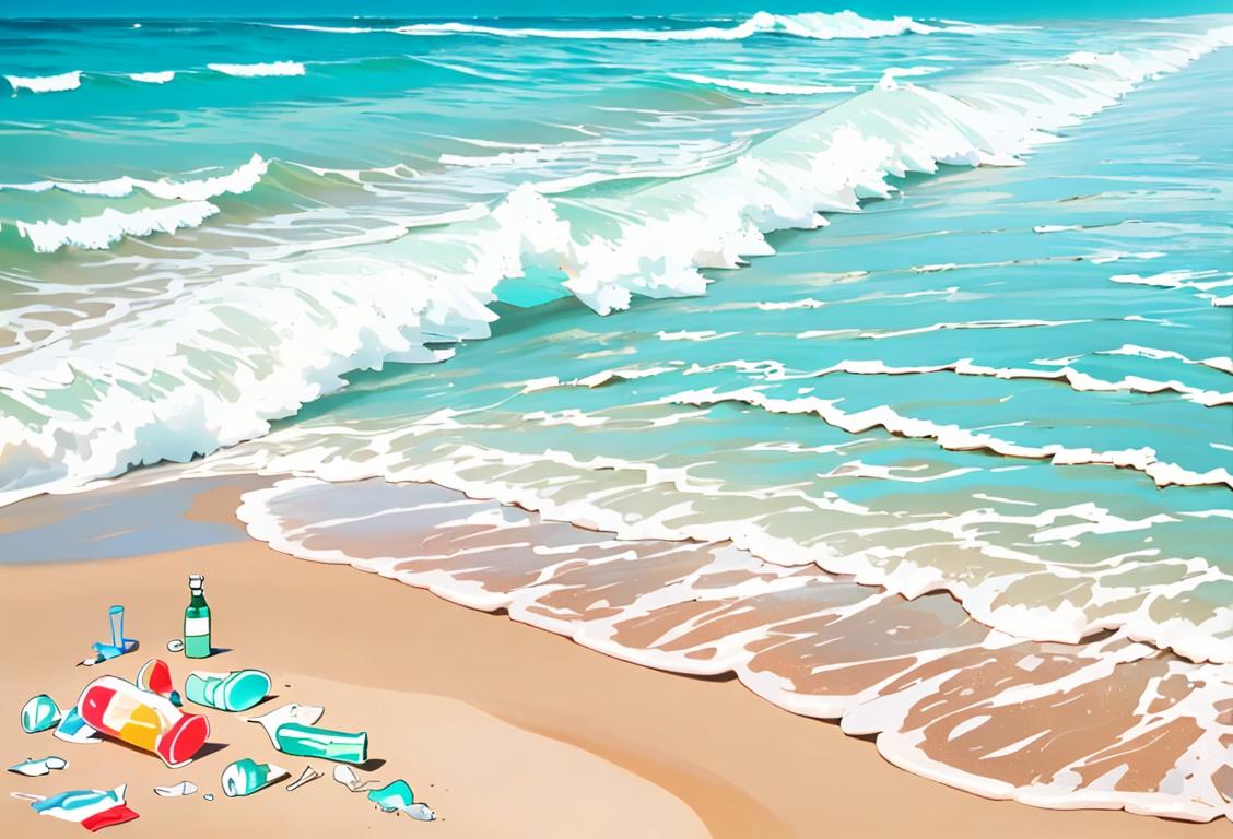 Happy individuals recycling plastic bottles on a sunny beach, wearing eco-friendly attire, surrounded by beautiful blue ocean waves..