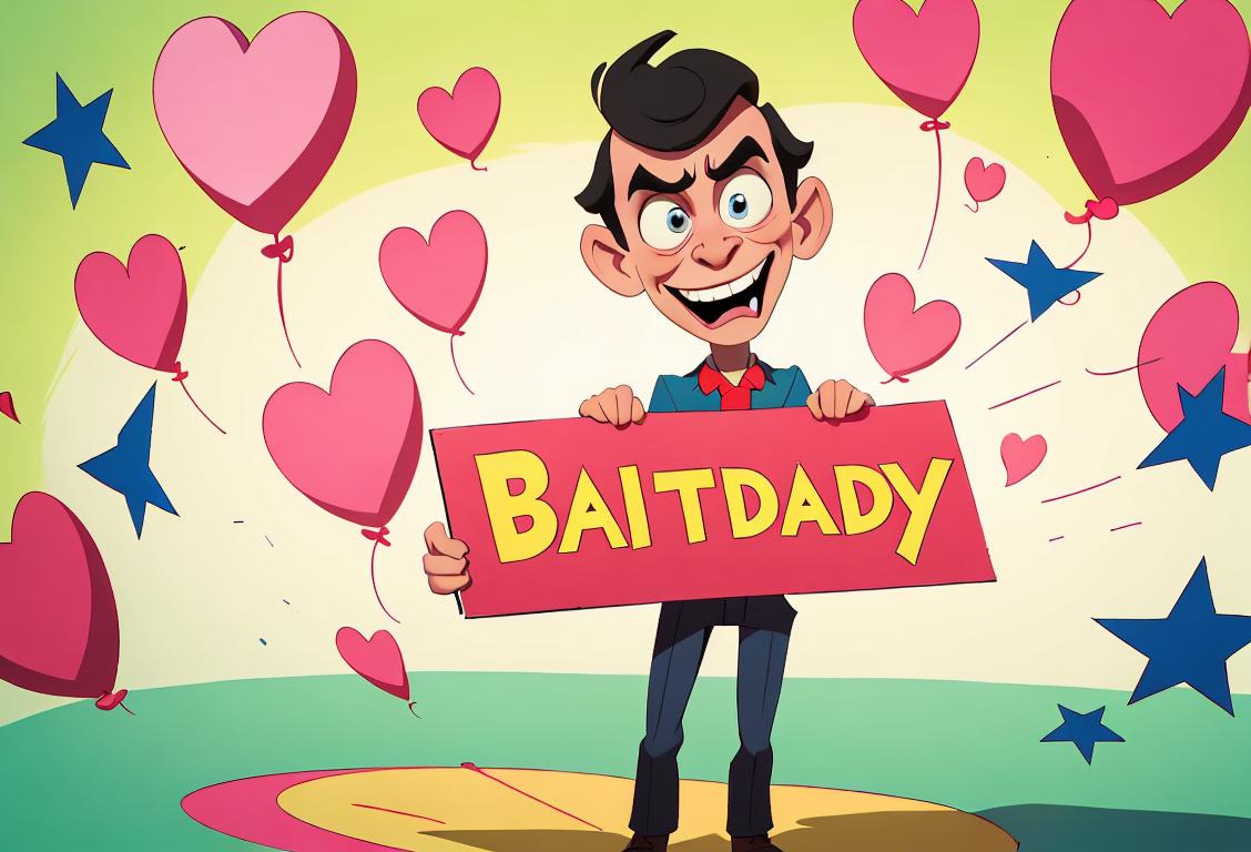 A cheerful person begrudgingly holding a sign saying 'National Dislike Day', wearing a mismatched outfit, surrounded by whimsical cartoon-like irritations..