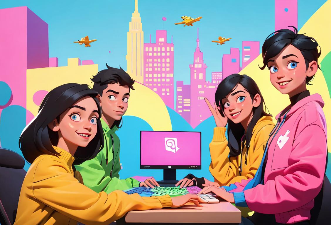 Young people gathered around a computer, smiling, wearing various trendy outfits, in a vibrant city setting, with hashtags floating in the air..