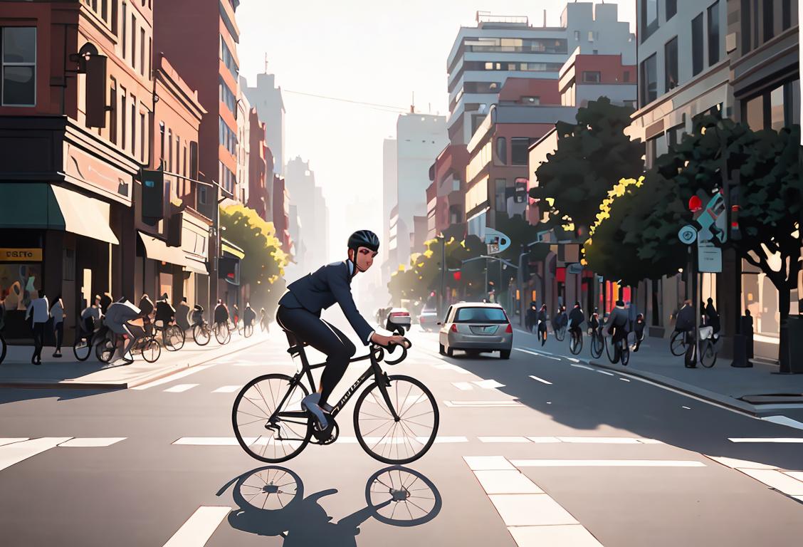 A cyclist riding through a bustling city street with a sleek bike, professional attire, urban landscape, and a hint of morning sunlight..