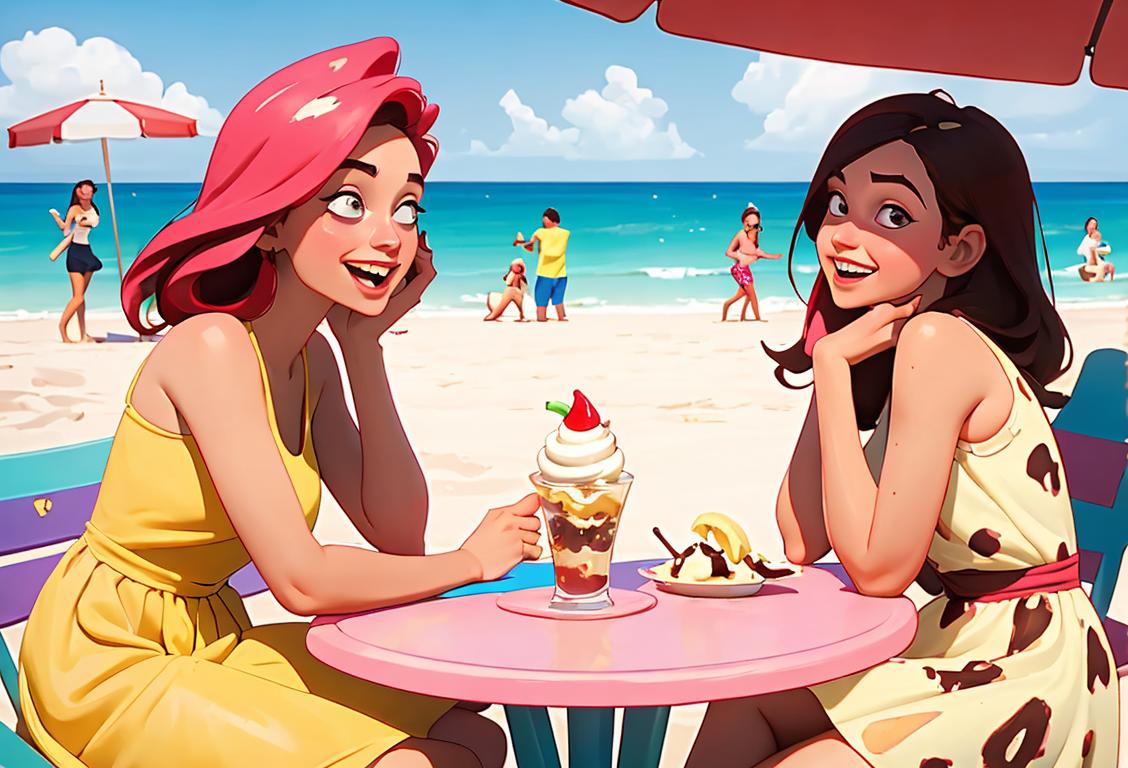 Young woman enjoying a banana split, wearing a colorful sundress, summery beach backdrop, with friends laughing in the background..