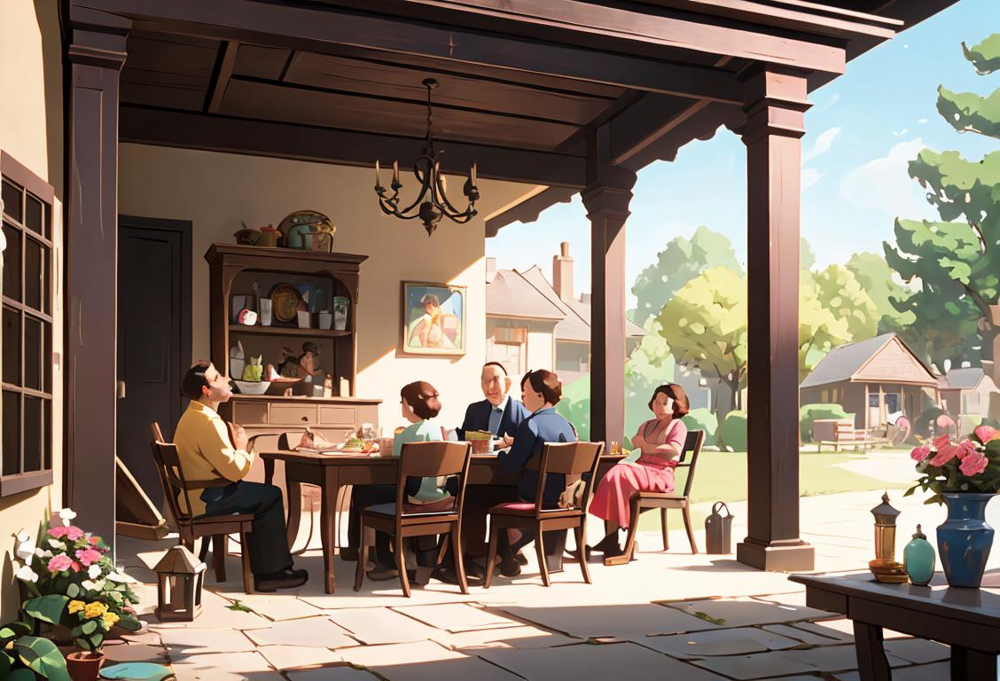 Happy families gathered around tables, sorting and displaying various items outdoors, under the sun..