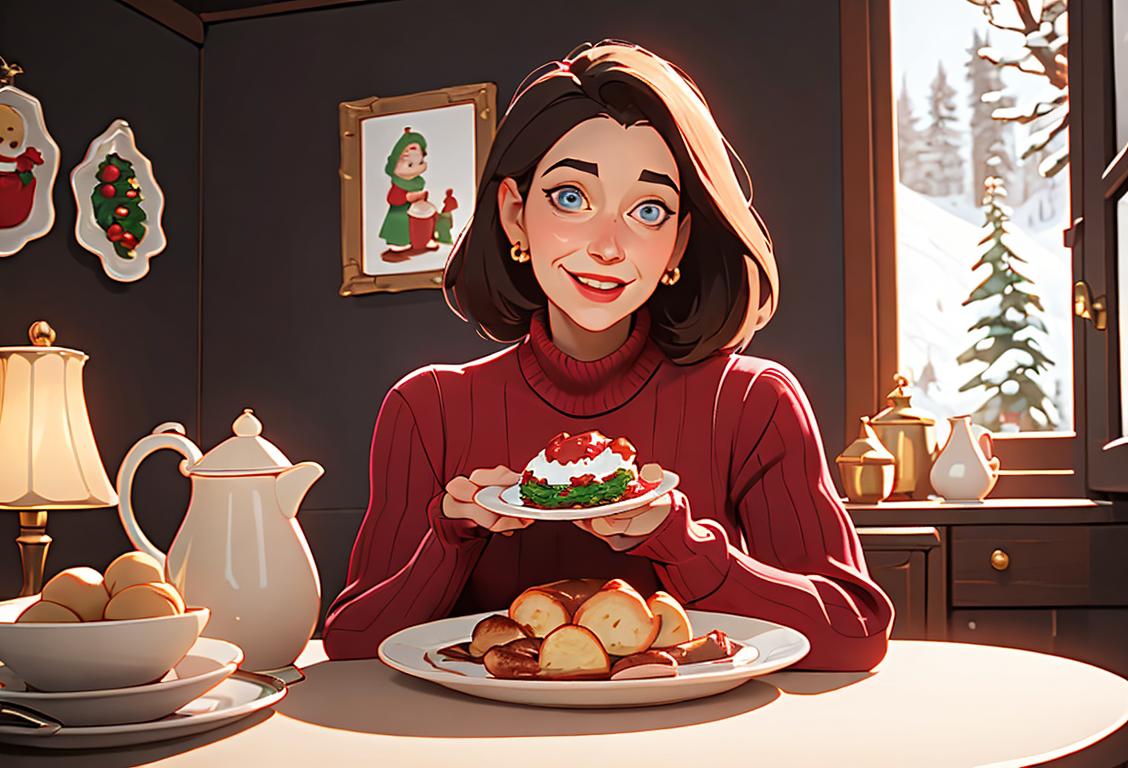 Joyful woman holding a plate of pfeffernuesse, wearing a festive sweater, cozy winter cabin setting..