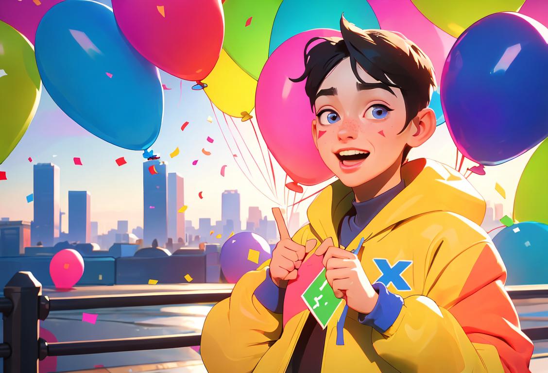 Young person in brightly colored outfit, surrounded by confetti and balloons, city skyline background, celebrating National X Day with contagious enthusiasm!.