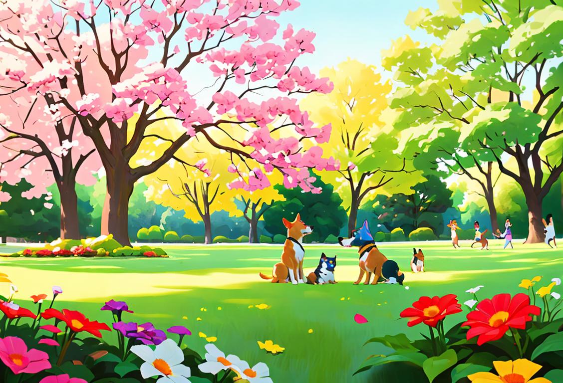 A joyful group of siblings, consisting of both humans and dogs, playing together in a beautiful park surrounded by colorful flowers and trees..