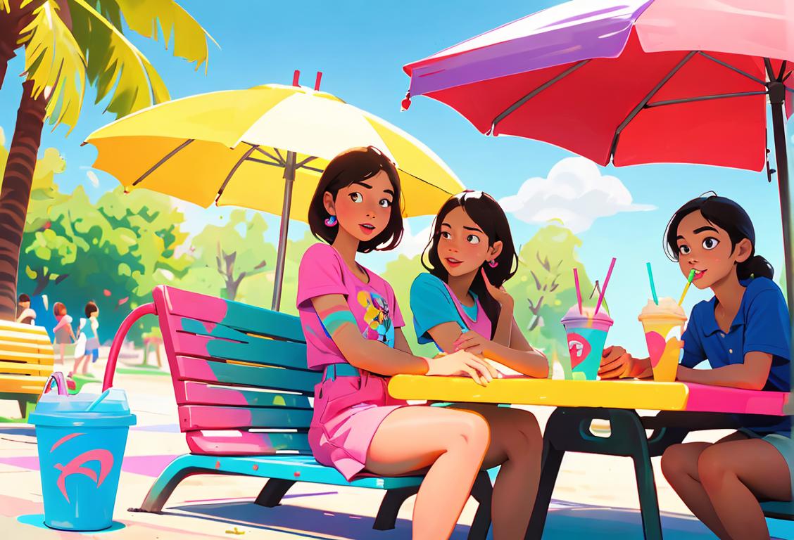 A group of people, wearing summer outfits, enjoying their colorful and refreshing Slurpees at a sunny park..
