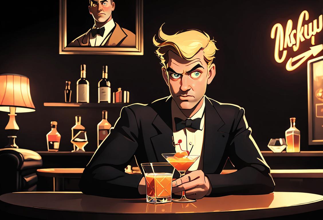 A person holding a whisky sour cocktail, vintage style clothing, surrounded by retro bar decor and neon lights..