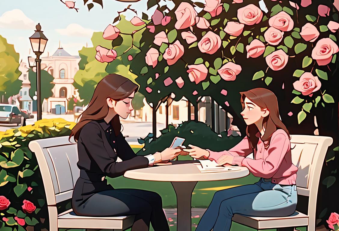 Young person looking at their phone with wistful expression, surrounded by romantic symbols like roses and love letters, café setting with outdoor seating..