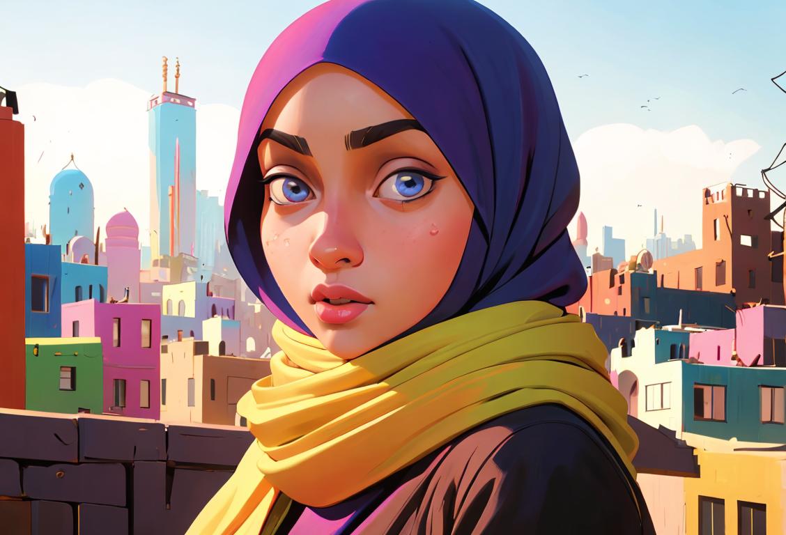 Young woman embracing diversity, wearing a colorful Hijab, amidst a vibrant multicultural cityscape, with symbols of unity and respect..