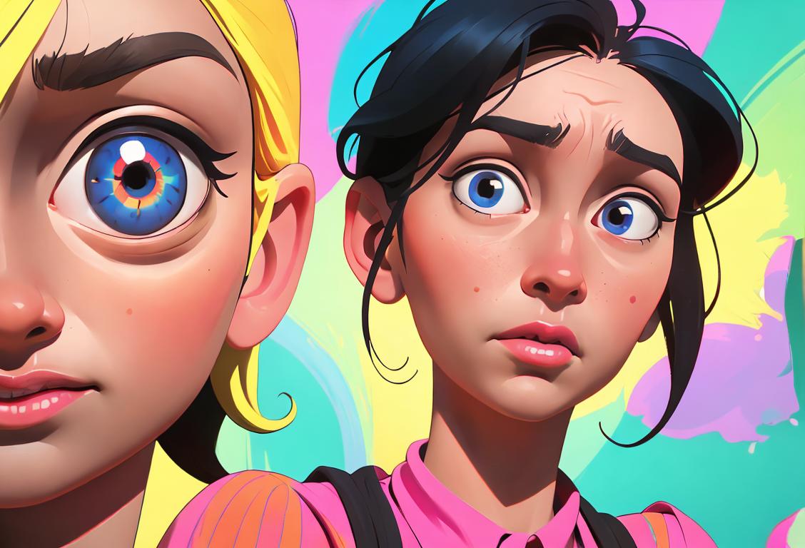 Person in colorful clothing, diverse styles from different eras, in a whimsical setting expressing surprise, curiosity or frustration..