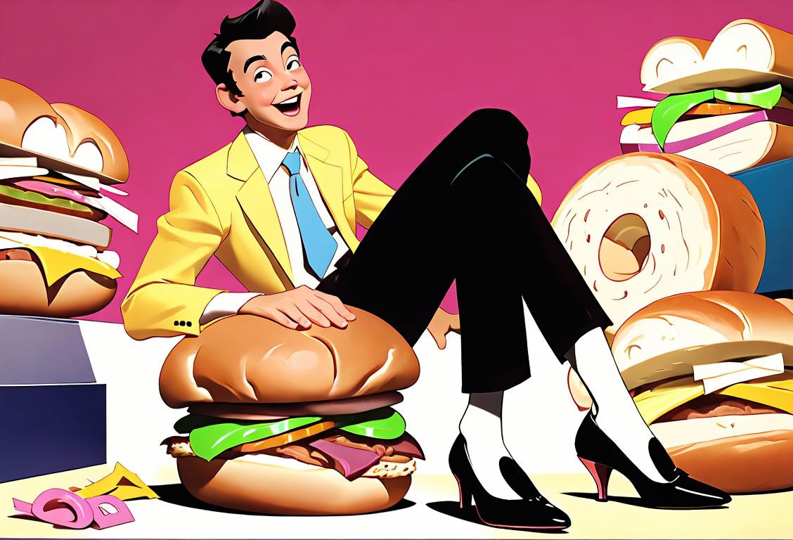 A cheerful person named Jimmy wearing Jimmy Choo shoes, surrounded by laughter and various Jimmy-related items like a Jimmy Dean sandwich..