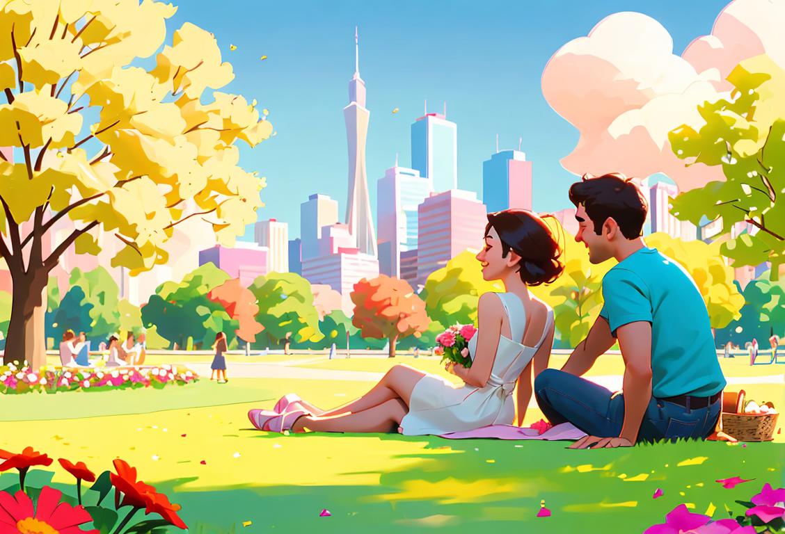 Young couple enjoying a picnic in a sunny park, dressed in trendy summer outfits, surrounded by colorful flowers and a sparkling skyline in the background..