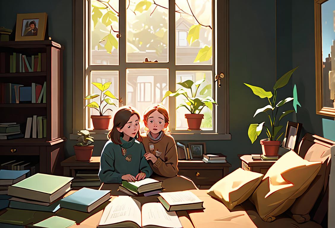 Happy family looking out of window, wearing cozy sweaters, surrounded by books and plants, displaying unity and resilience during national lockdown..