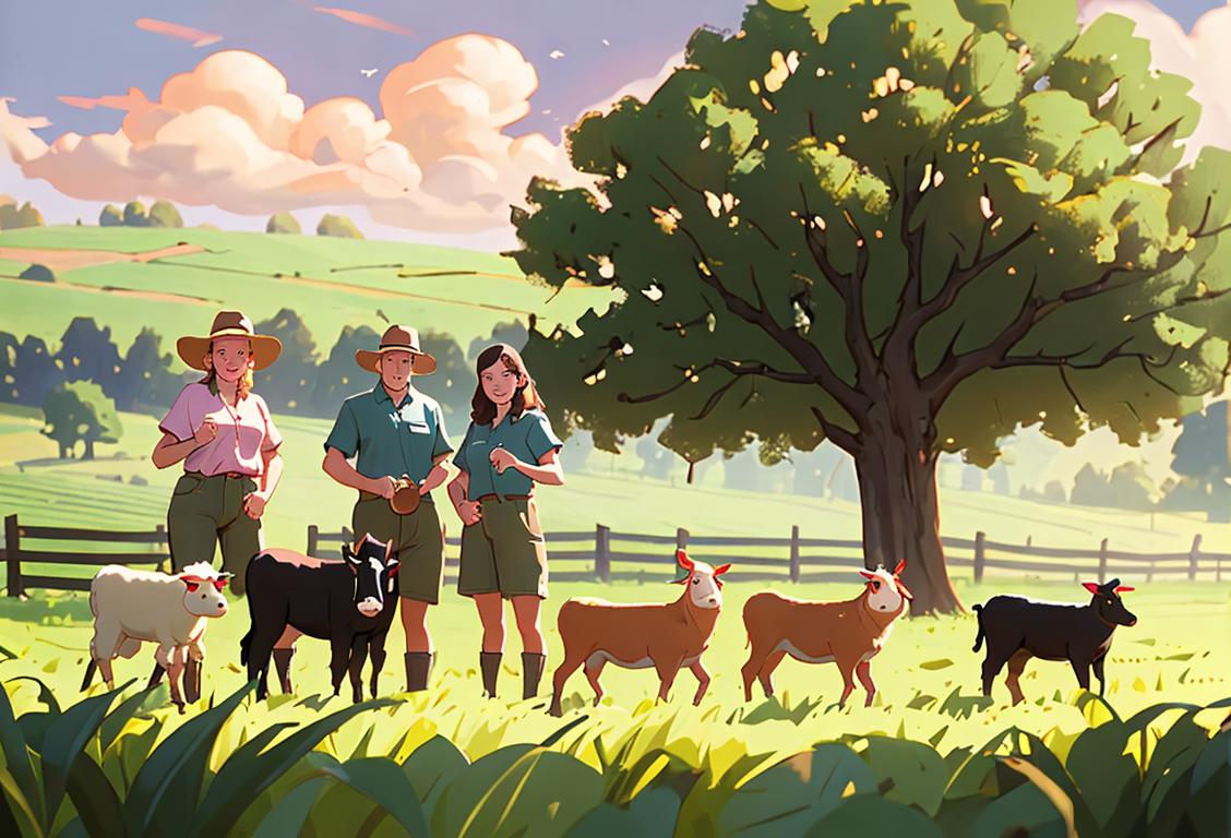 A group of people, wearing farm-related clothing, posing with animals in a picturesque barnyard setting..