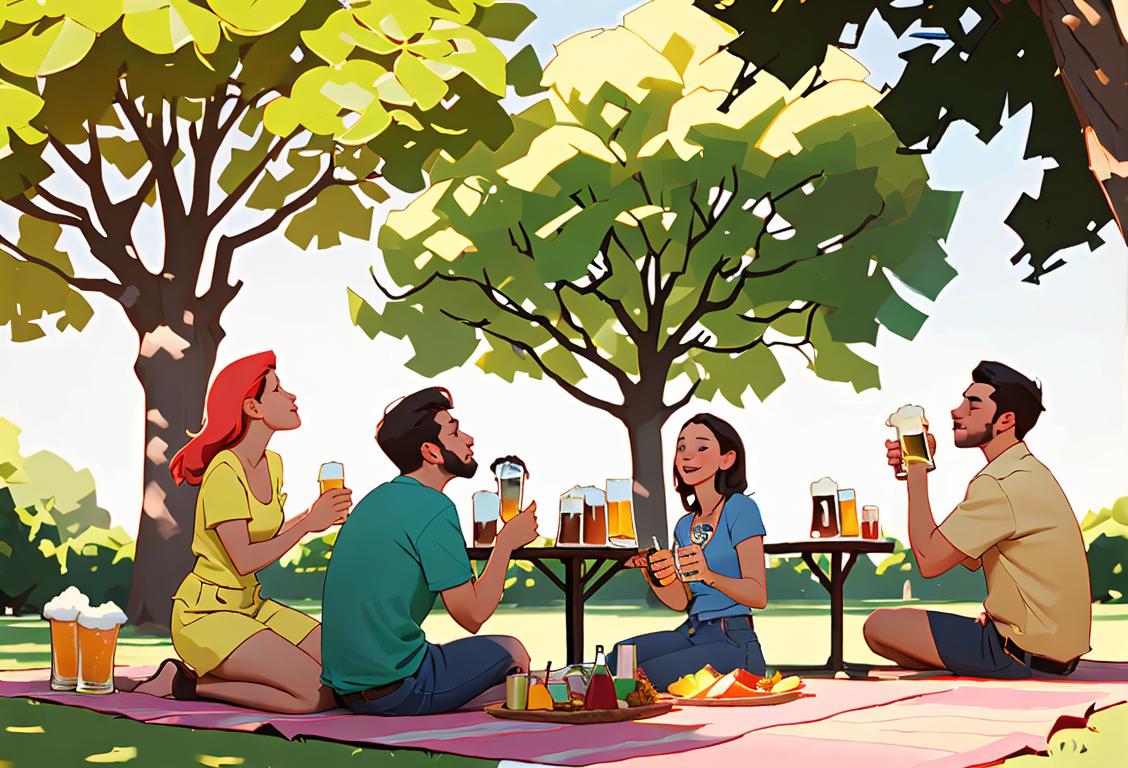 Group of friends cheersing with cold beers, wearing casual summer outfits, outdoor picnic setting under a shady tree..