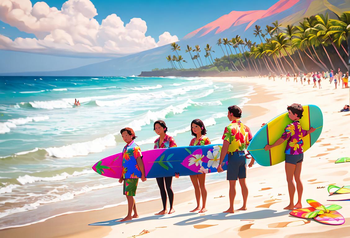 A group of diverse individuals wearing colorful Hawaiian shirts, holding surfboards, at a beach setting, celebrating National the Day..