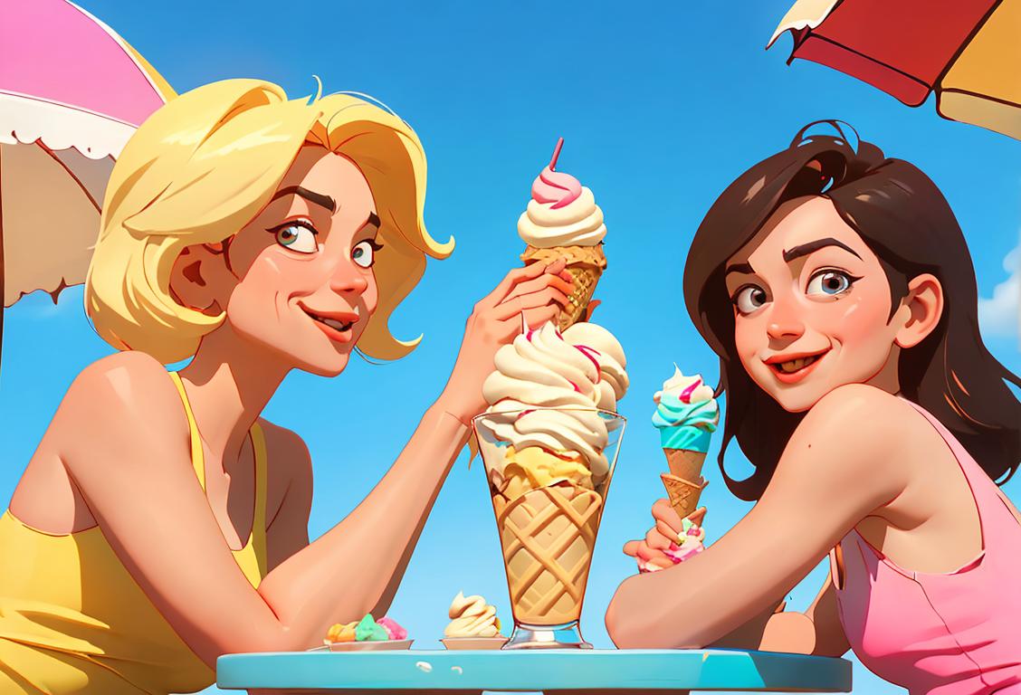 Savor your way through National Ice Cream Month with a joyful family enjoying a variety of ice cream flavors in a sunny, colorful, and lively ice cream parlor..