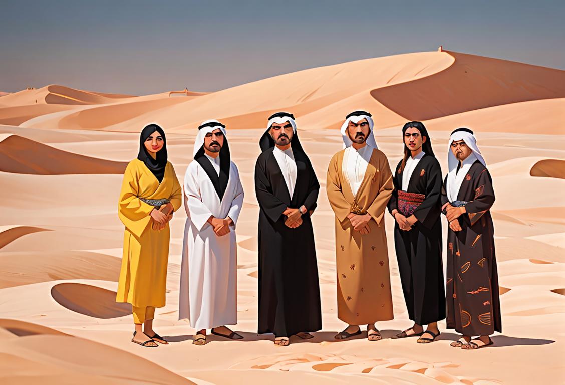 A group of people wearing traditional Kuwaiti clothing posing in front of a majestic desert landscape, with vibrant colors and unique patterns..