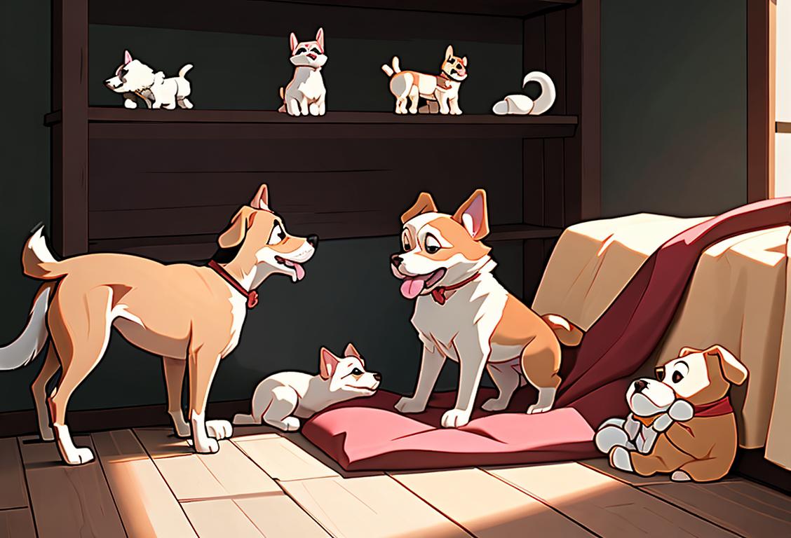 Rescue hero with a wagging tail, supporting mill dogs, surrounded by a cozy home, shelves filled with dog toys and blankets..