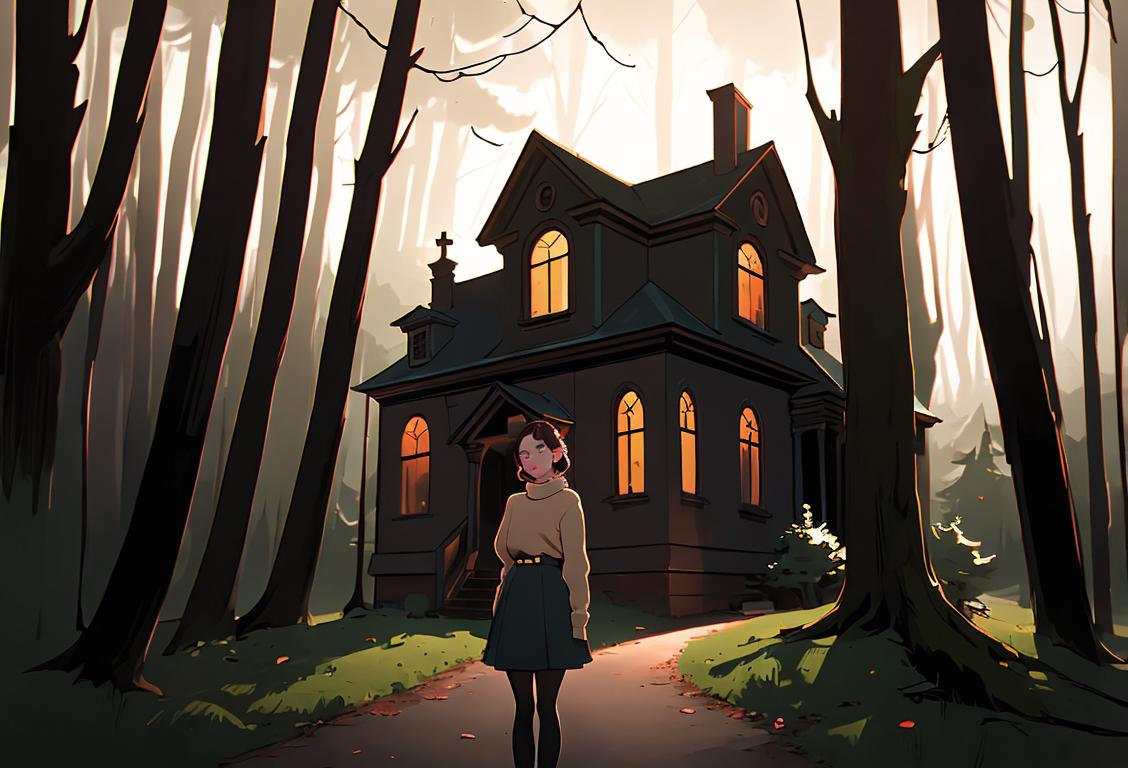 Young woman exploring a haunted house at twilight, wearing a cozy sweater, vintage fashion, mysterious forest backdrop..