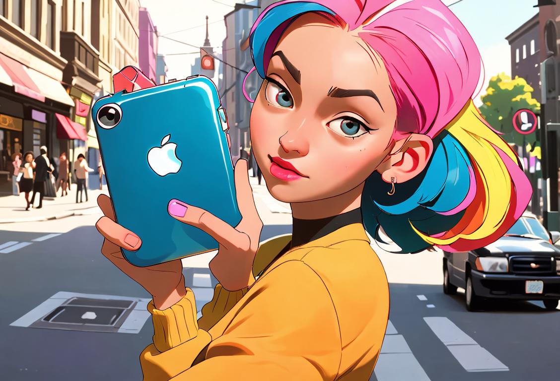 Person wearing 2000s fashion, holding a colorful iPod while dancing in a vibrant city street.