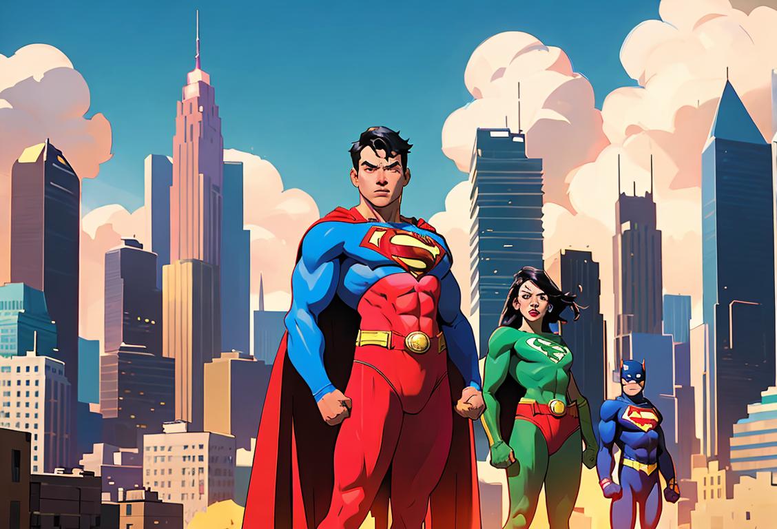 A group of diverse individuals wearing colorful superhero costumes, standing in a cityscape with bright skyscrapers and their capes flowing in the wind..