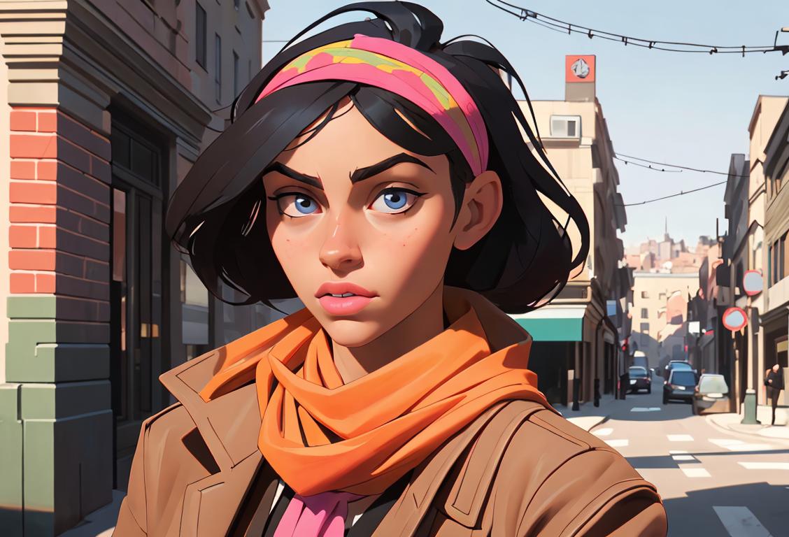Young woman rocking a bandanna as a headband, with a sleek street style outfit, urban city backdrop..