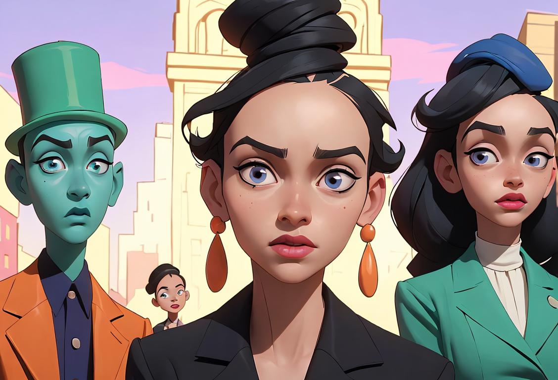 A diverse group of people with big foreheads, including individuals with different hairstyles and fashion styles, standing against a backdrop of a colorful cityscape. Some are wearing trendy hats, while others showcase their unique sense of style with bold accessories. The scene reflects the celebration of National Big Forehead Day, promoting inclusivity and embracing the beauty of diverse features..