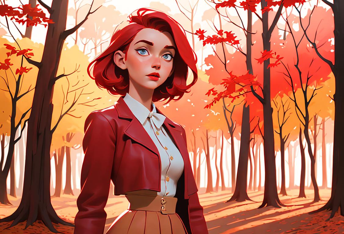 Young woman with vibrant red hair, wearing vintage inspired outfit, standing in front of a beautiful autumn forest..