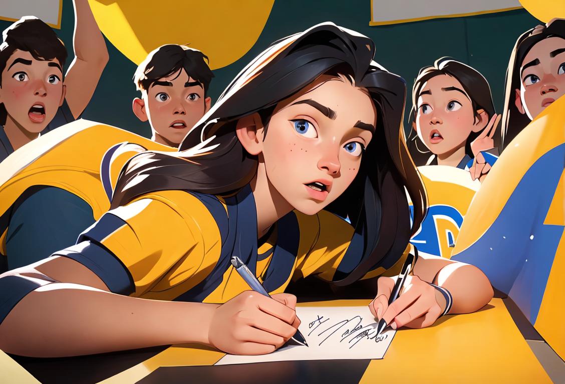 Young athlete in a college jersey holding a pen, surrounded by cheering fans and university banners..