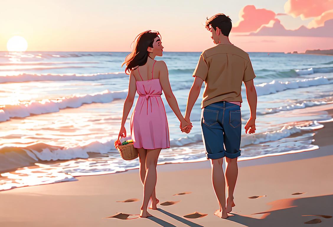 Young couple holding hands and enjoying a sunset beach walk, dressed in casual summer outfits, with a picnic basket nearby..