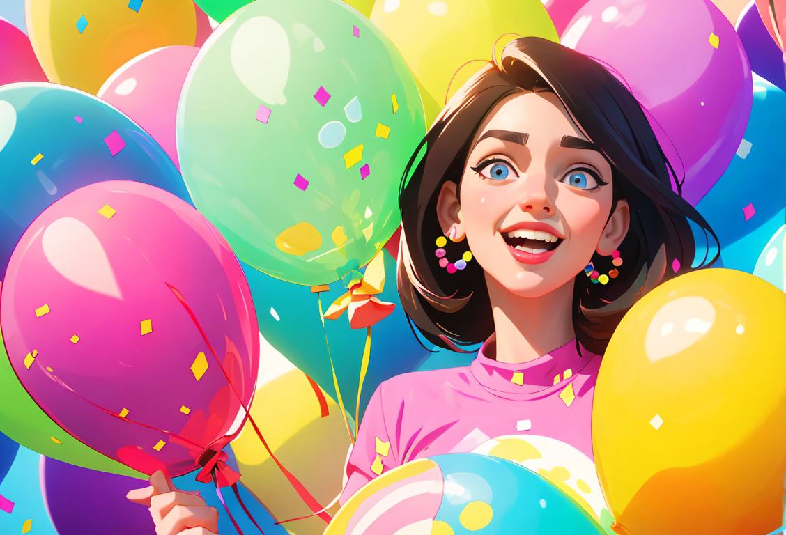 Cheerful woman in colorful attire popping out of a giant party popper, surrounded by confetti and balloons..