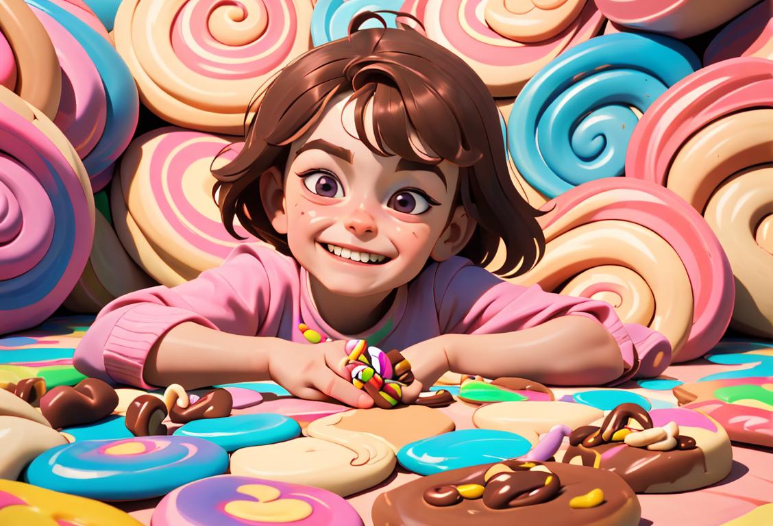 A joyful child with a mischievous grin, in a colorful outfit, surrounded by a whimsical candyland filled with nutty fudge delights..