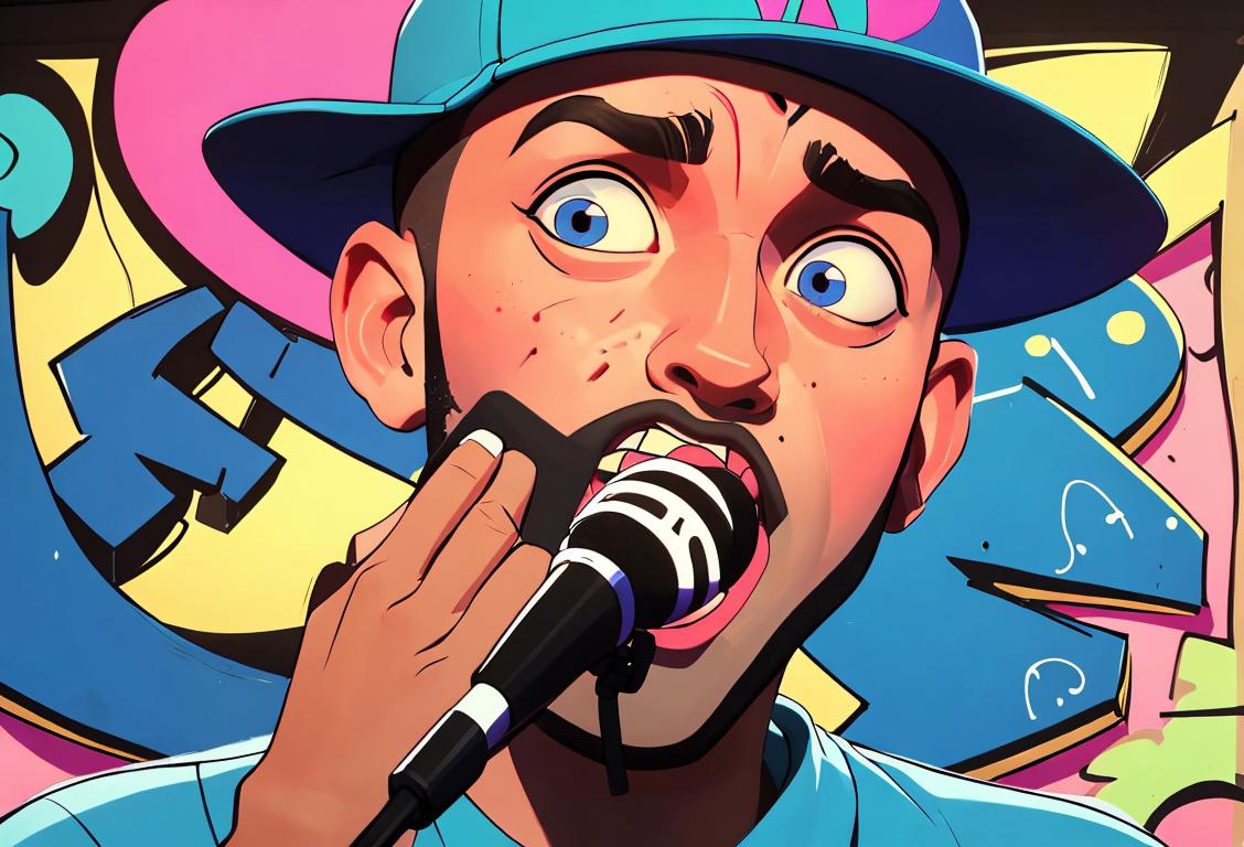 Young man in Mac Miller-inspired outfit, holding a microphone, surrounded by vibrant hip-hop graffiti art..