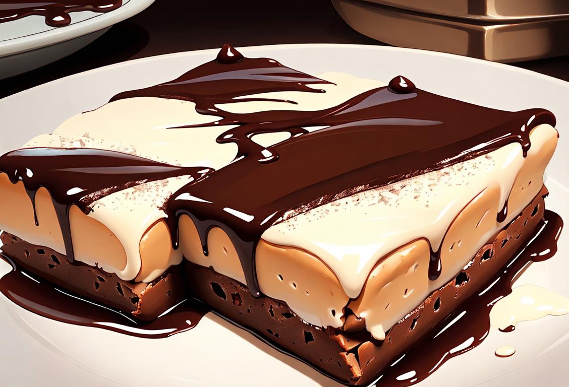 A close-up of a freshly baked brownie, with a drizzle of chocolate sauce and a dusting of powdered sugar, set against a cozy kitchen backdrop..