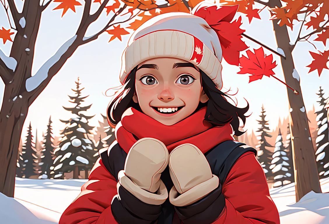 A smiling child proudly holding a Canadian flag on a snowy winter day, wearing a cozy scarf, mittens, and toque, surrounded by maple trees..