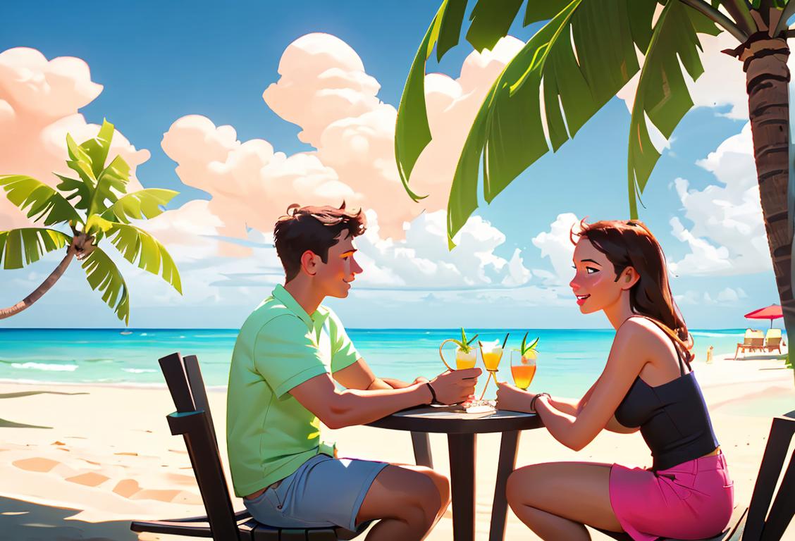 Young couple enjoying mojitos on a tropical beach, wearing summer outfits, vibrant beach scene with palm trees in the background..