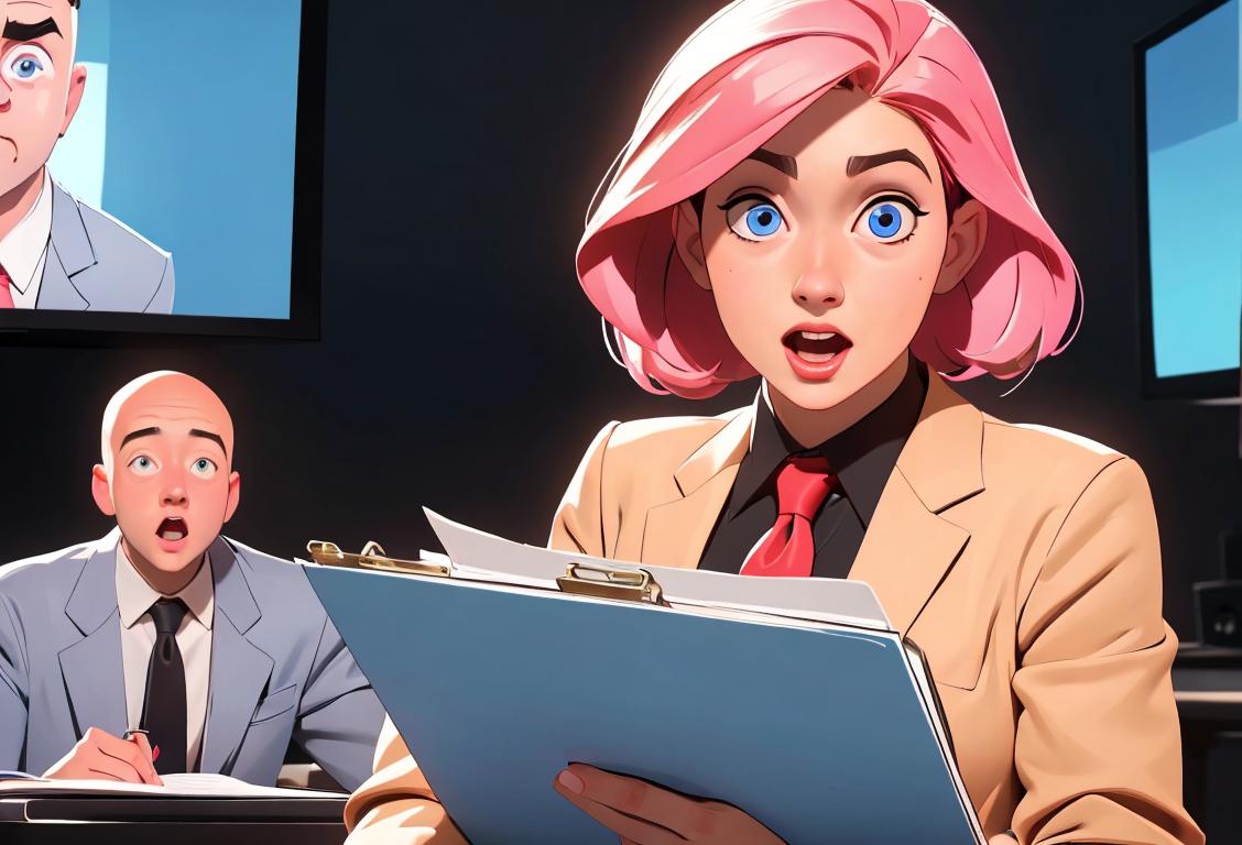 Young person holding clipboards in a lively newsroom environment, dressed in professional attire, excitedly discussing the National CNN Poll Day..