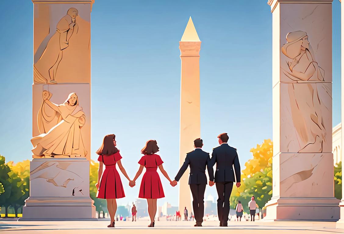 A group of joyful people, wearing patriotic colors, holding hands and walking together along the National Mall, with a backdrop of iconic monuments..