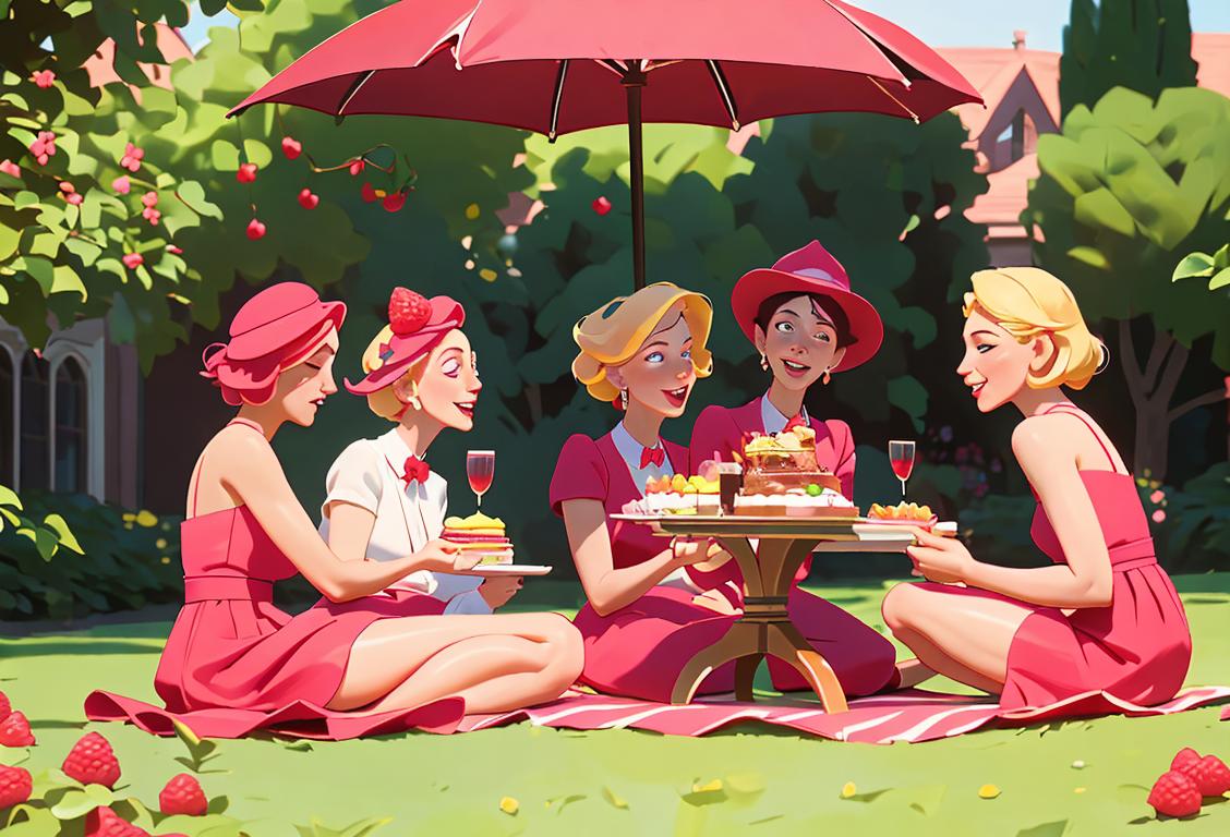 Joyful group of people enjoying a raspberry bombe dessert picnic in a vibrant summer garden, with elegant attire and colorful decor..