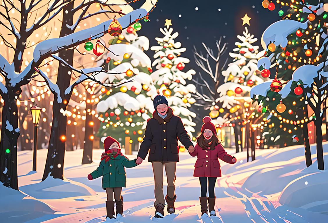 Happy family walking through a snow-covered national park, wearing cozy winter clothing, surrounded by twinkling holiday lights..