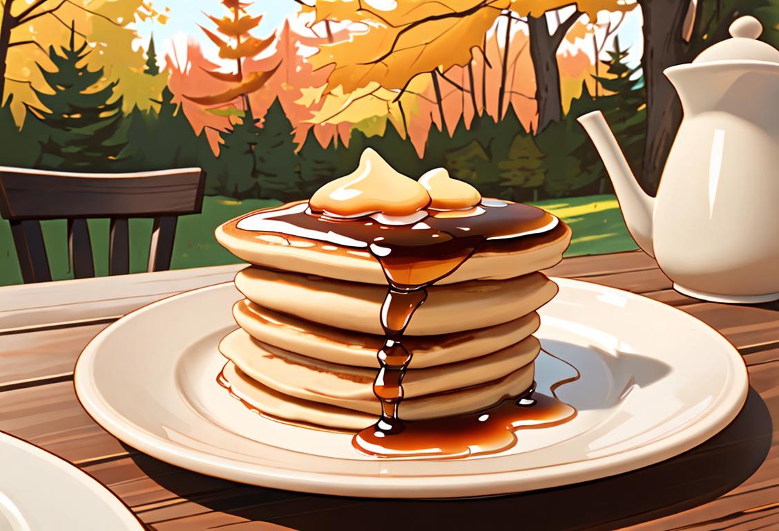 Sweet pancake stack, drizzled with maple syrup, served on a rustic wooden table, surrounded by nature..