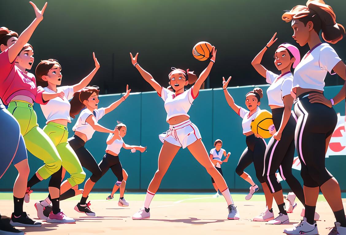 Active young girls and women in various sports outfits, showcasing a diverse range of athletic abilities and team spirit at play, surrounded by vibrant sports equipment and cheering crowds..